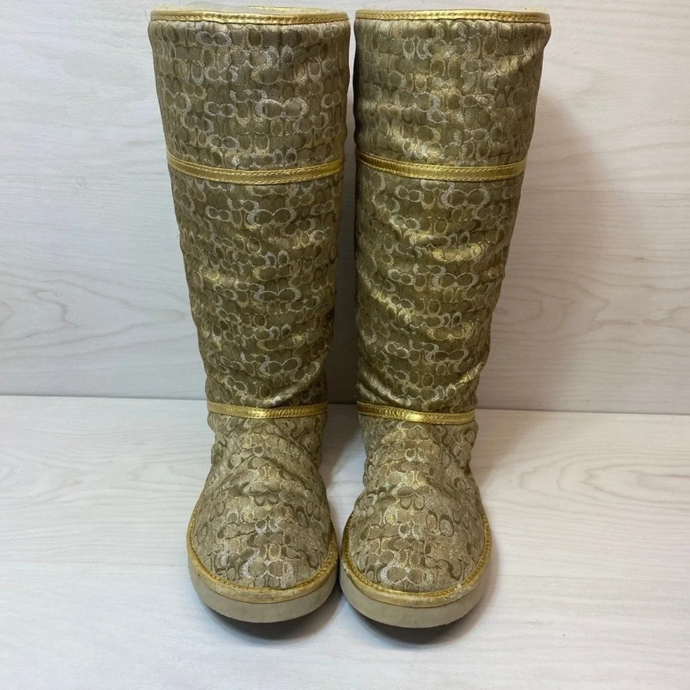 Coach Womens 9B Nikole Tall Winter Boots Signature C Monogram Gold Luxury
